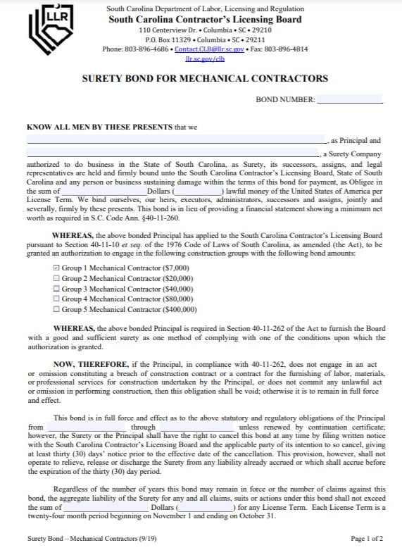 South Carolina General Contractor Bond Form