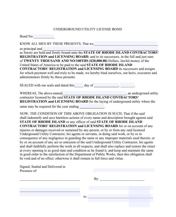 Rhode Island Underground Utility License Bond Form