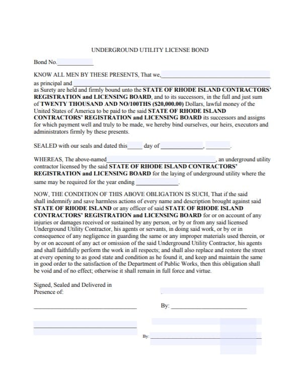 Rhode Island Underground Utility License Bond Form