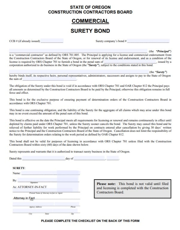 Oregon Commercial Contractor License Bond Form