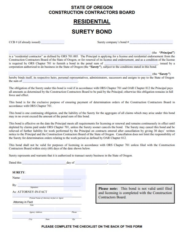 Oregon Residential Contractor License Bond Form