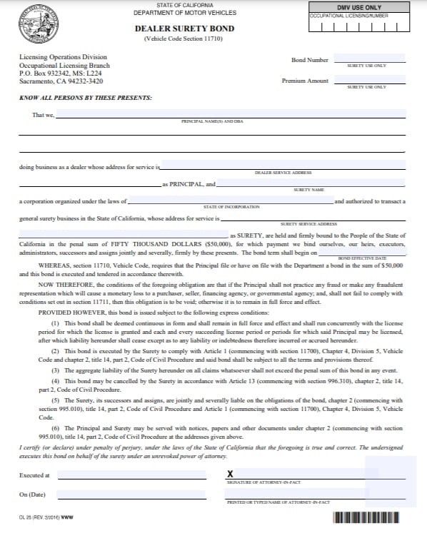California Auto Dealer Bond Form California Auto Dealer Bond Form