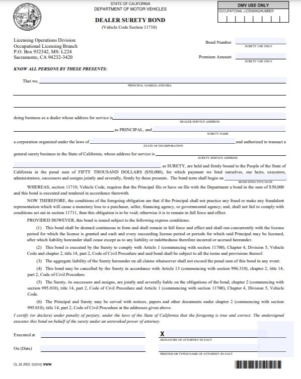 California Auto Dealer Bond Form