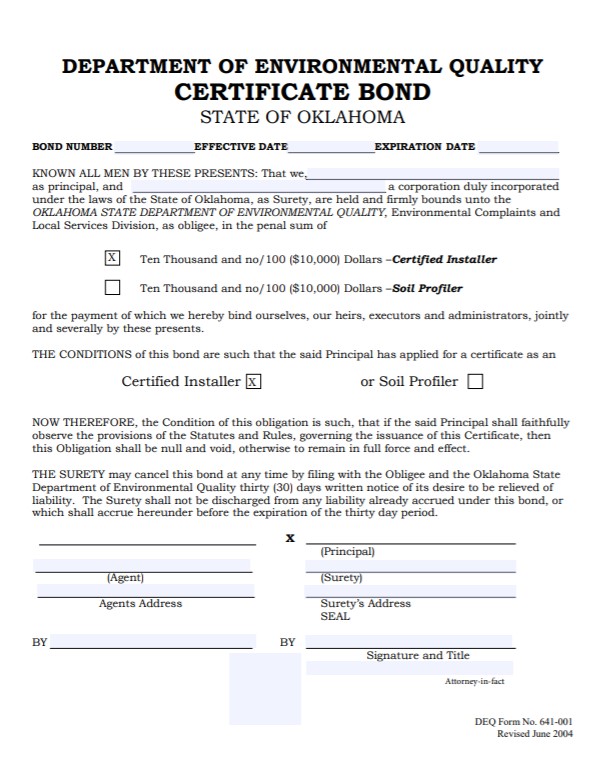 Oklahoma Septic Tank Certified Installer Bond Form