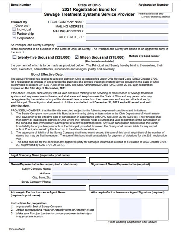 Ohio Sewage Treatment System Service Provider Bond Form