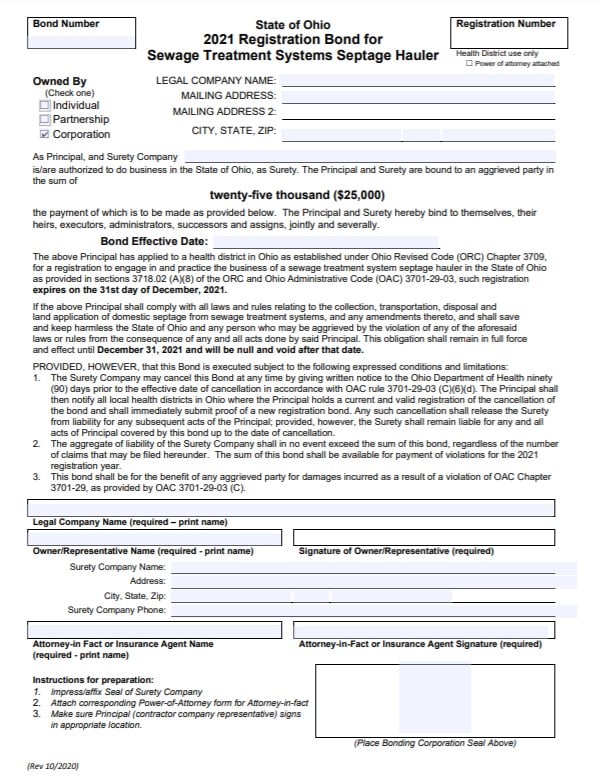 Ohio Sewage Treatment System Septage Hauler Bond Form