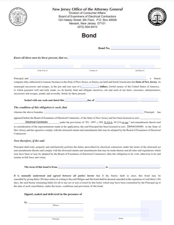 New Jersey Electrical Contractor Bond Form