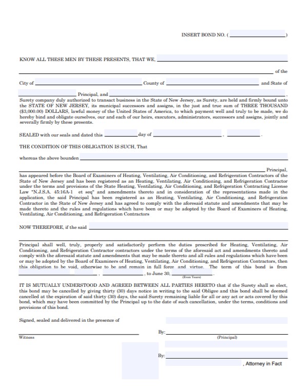 New Jersey HVACR Contractor Bond Form