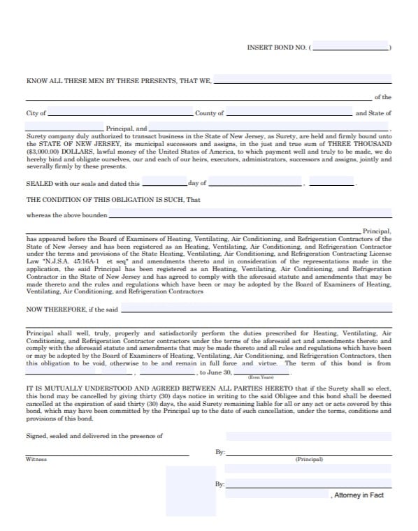 New Jersey HVACR Contractor Bond Form