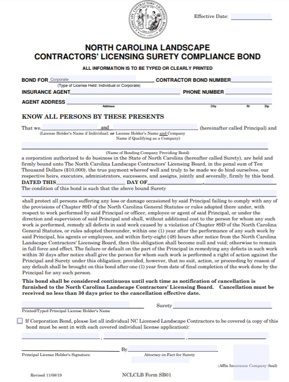 North Carolina Landscape Contractor’s License Bond Form
