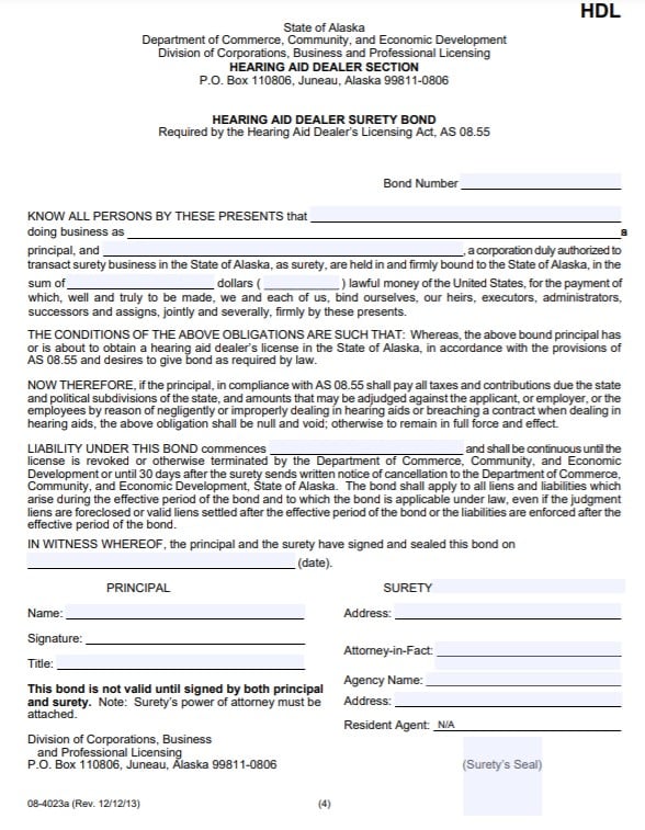 Alaska Hearing Aid Dealer Bond Form