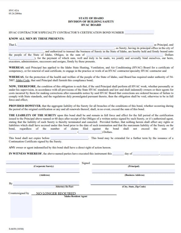 Idaho HVAC Contractor / Specialty Contractor Certification Bond Form