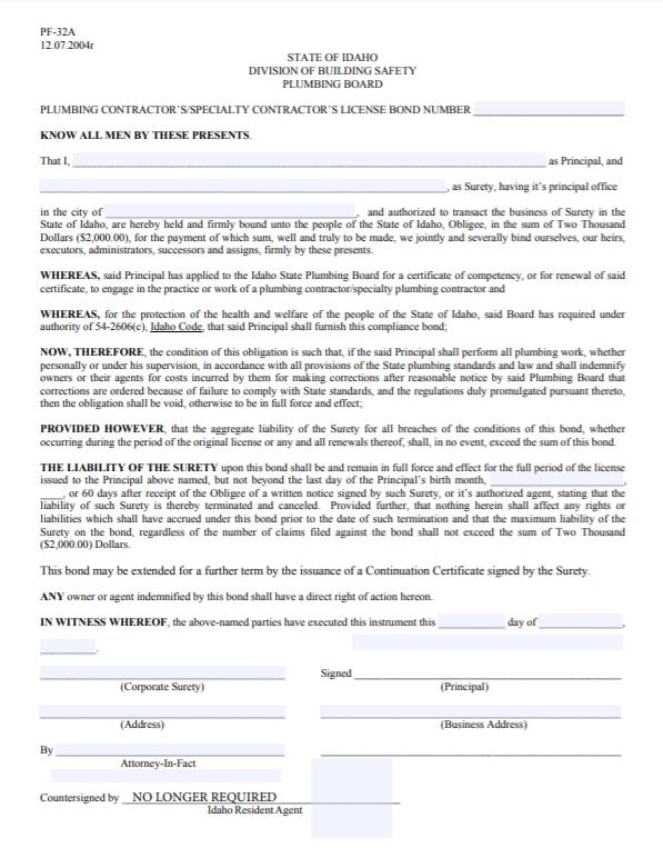 Idaho Plumbing Contractor License Bond Form