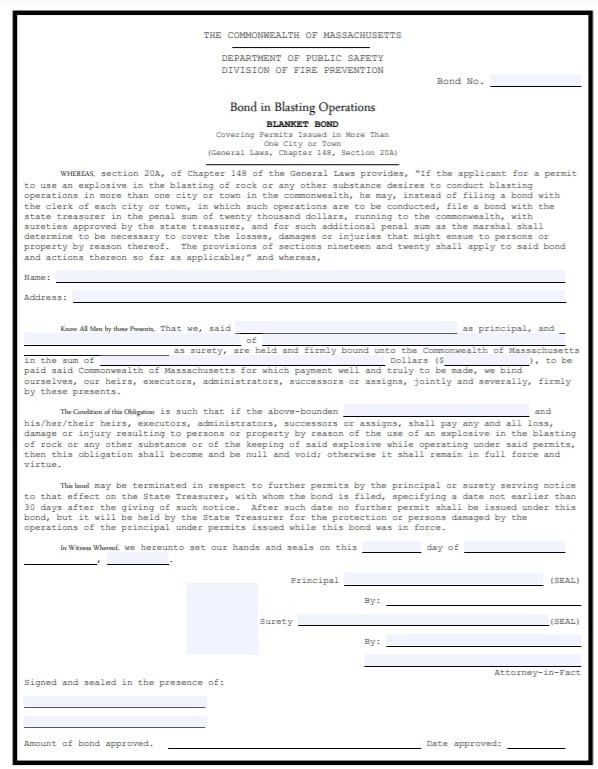  Massachusetts Blasting Operations Blanket Bond Form