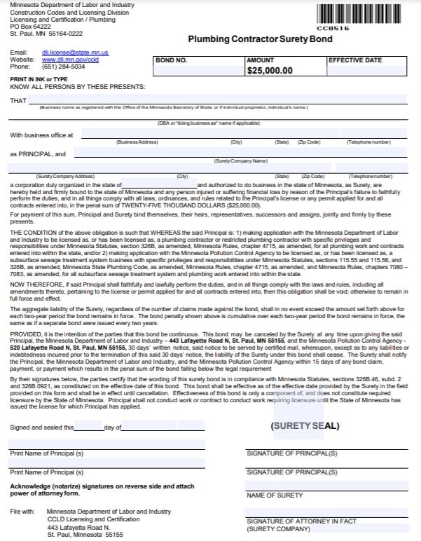 Minnesota Plumbing Contractor Bond Form