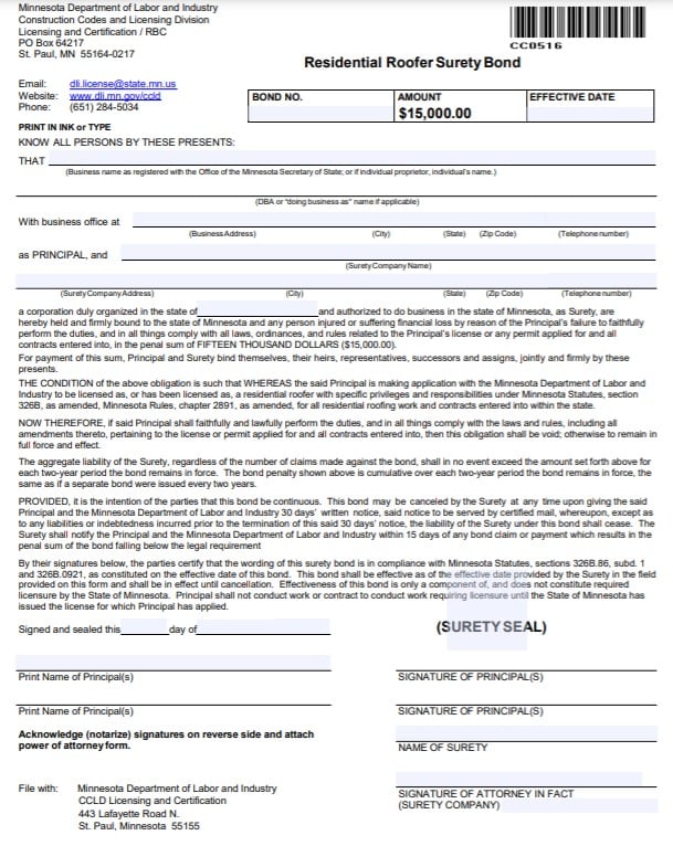 Minnesota Residential Roofer Bond Form