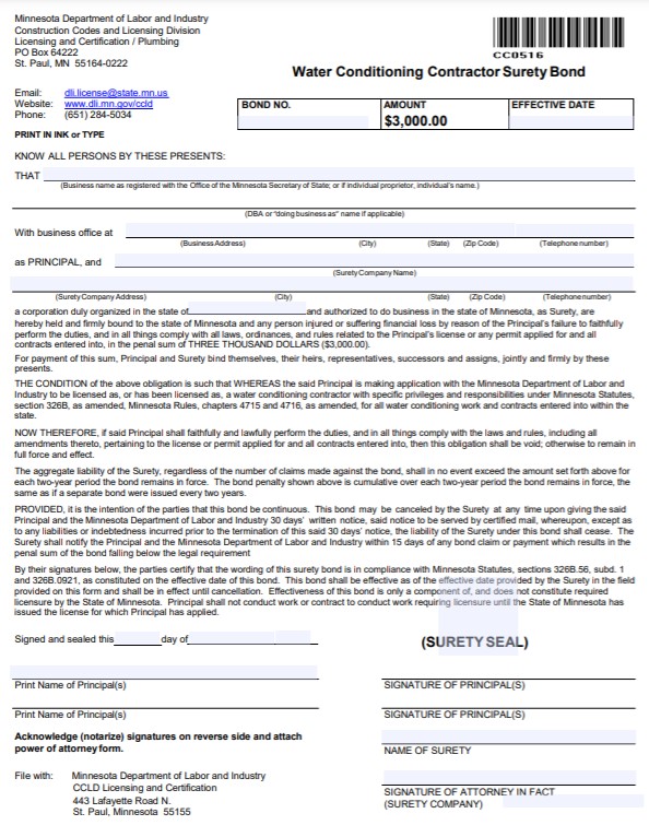 Minnesota Water Conditioning Contractor Bond Form