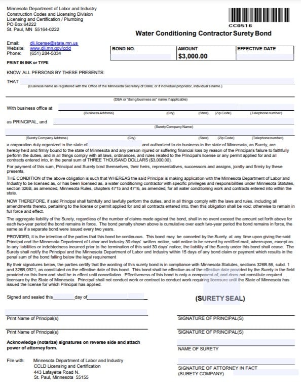 Minnesota Water Conditioning Contractor Bond Form