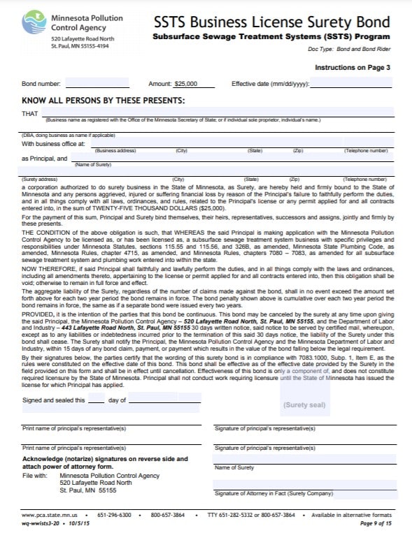 Minnesota SSTS Business License Bond Form