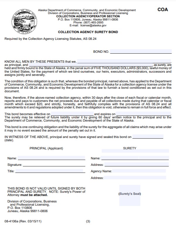 Alaska Collection Agency Bond Form