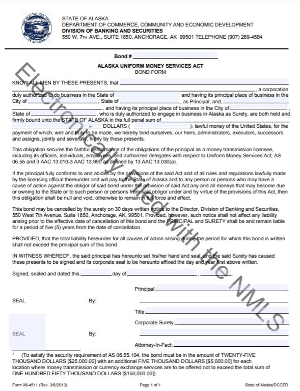 Alaska Money Transmitter Bond Form