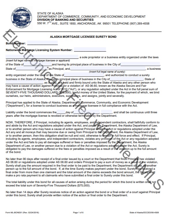Alaska Mortgage Broker Surety Bond Form