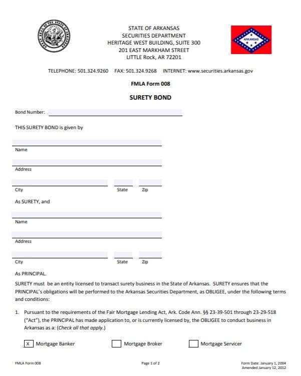 Arkansas Mortgage Banker Bond Form