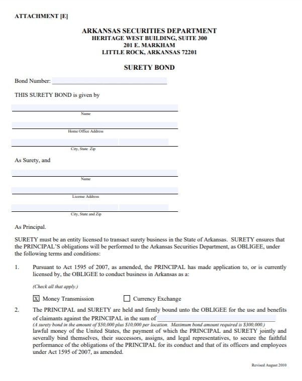 Arkansas Money Transmitter Bond Form