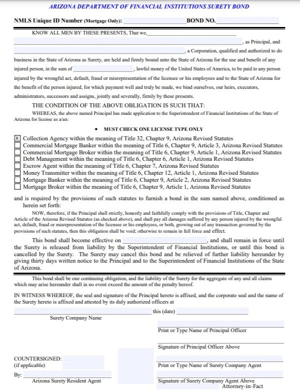 Arizona Collection Agency Bond Form