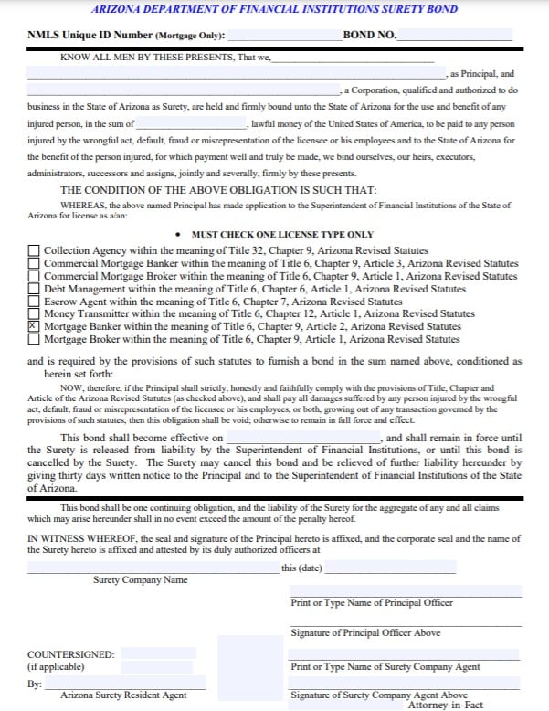 Arizona Mortgage Banker Bond Form