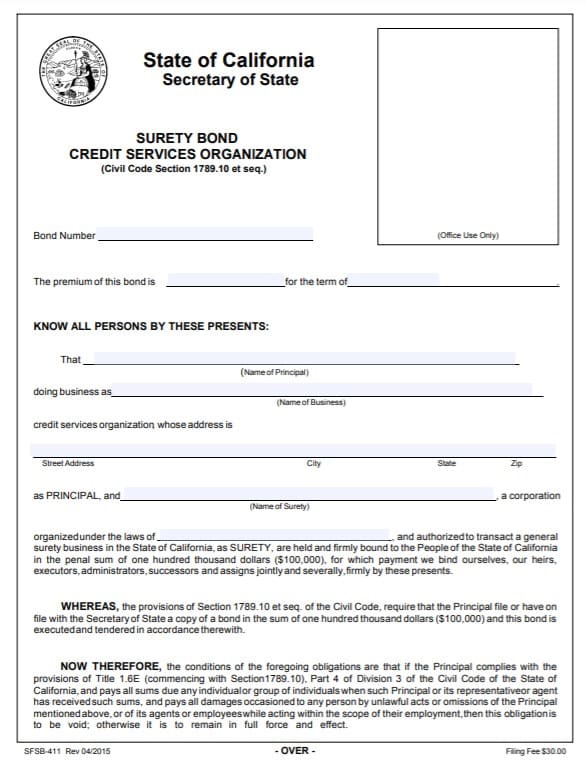 California Credit Service Organization Bond Form