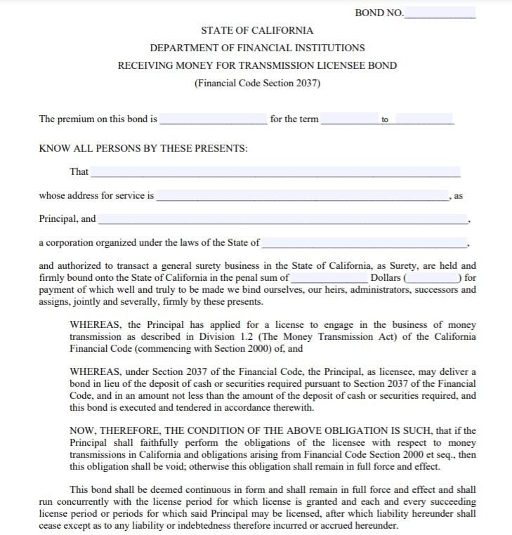 California Money Transmitter Bond Form