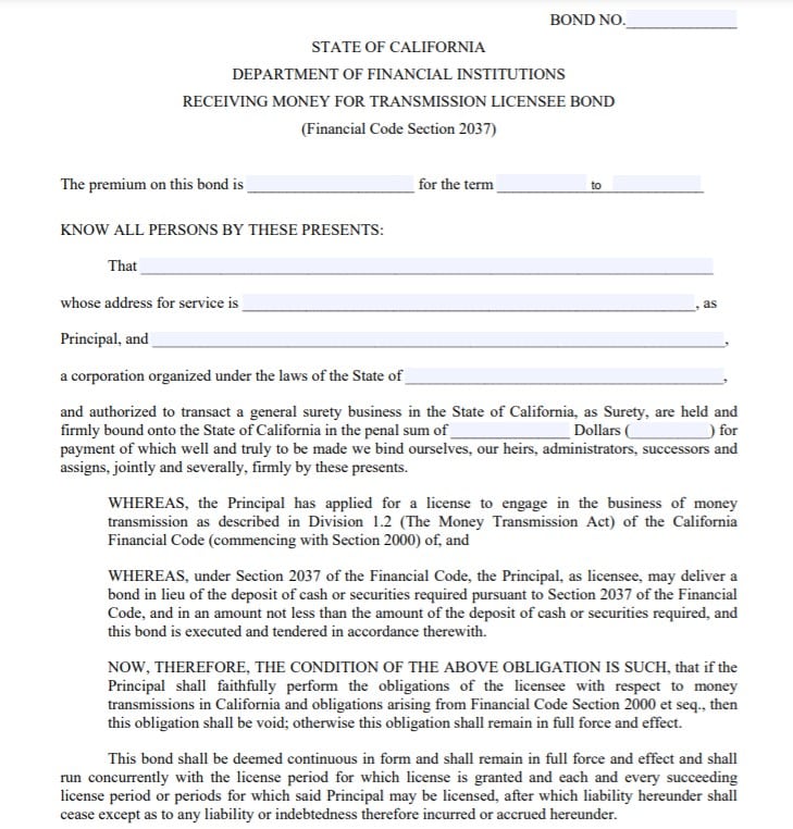 California Money Transmitter Bond Form