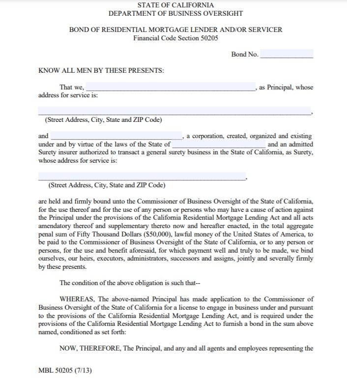 California Residential Mortgage Lender Bond Form