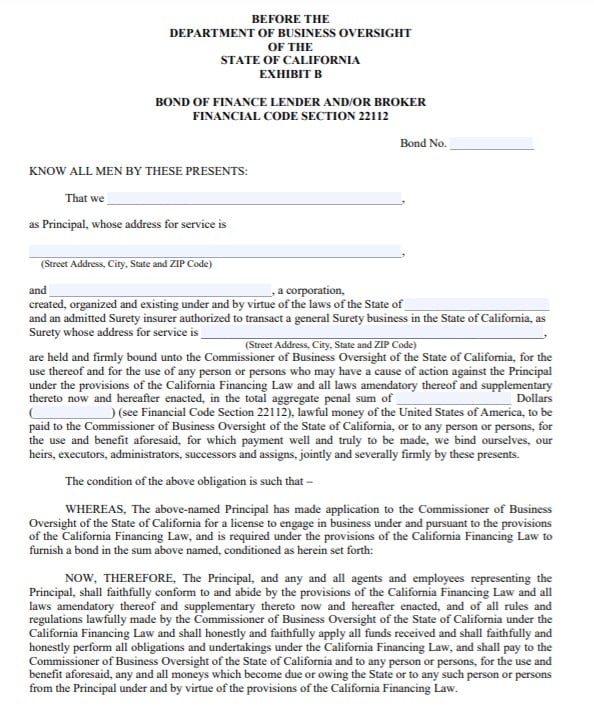 California Residential Finance Lender Bond Form