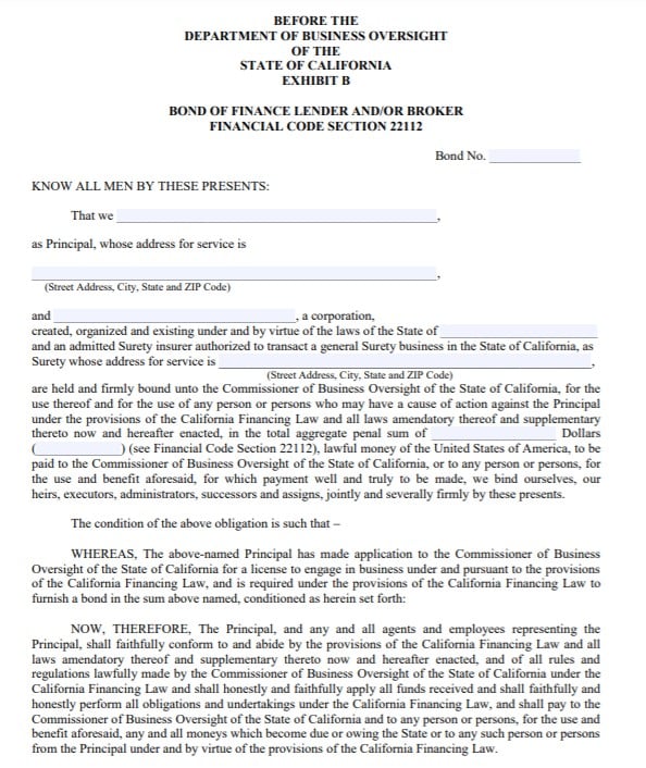 California Finance Lender Bond Form