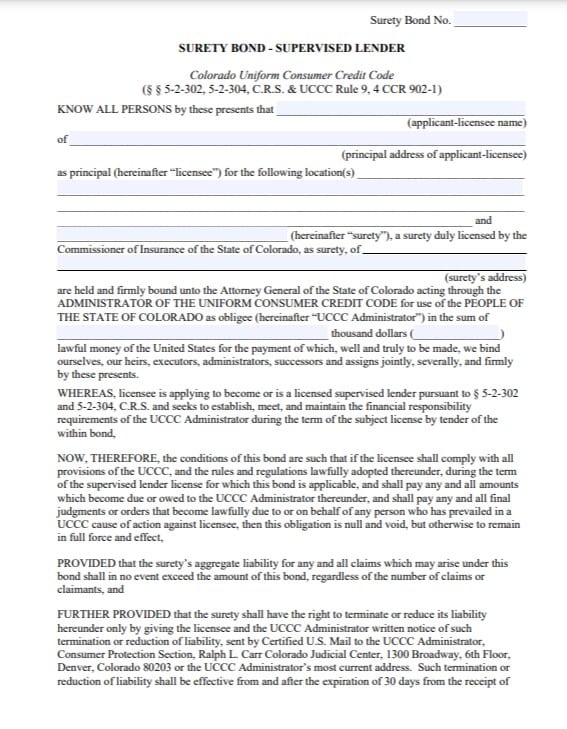 Colorado Supervised Lender Bond Bond Form