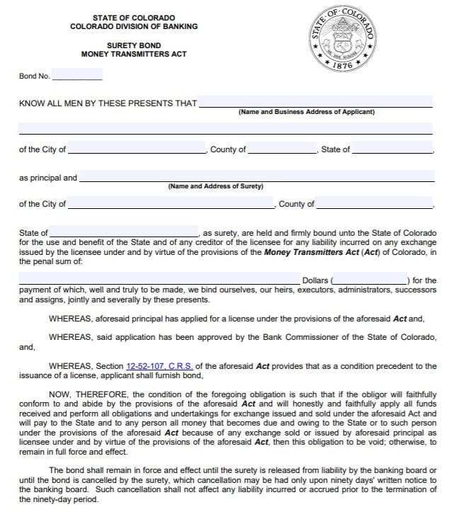 Colorado Money Transmitter Bond Form