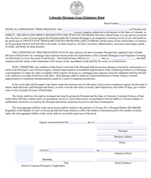 Colorado Mortgage Loan Originator Bond Form