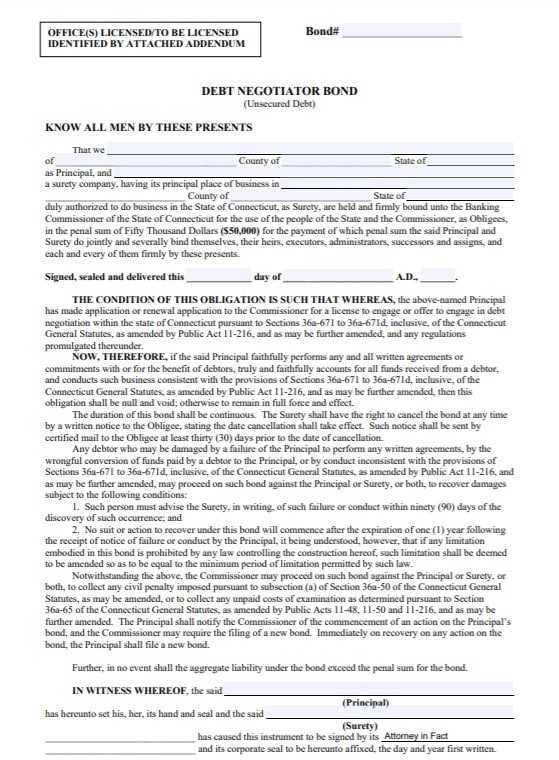 Connecticut Debt Negotiator Bond Form