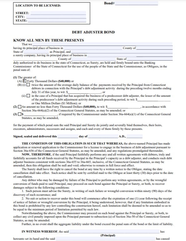 Connecticut Debt Adjuster Bond Form