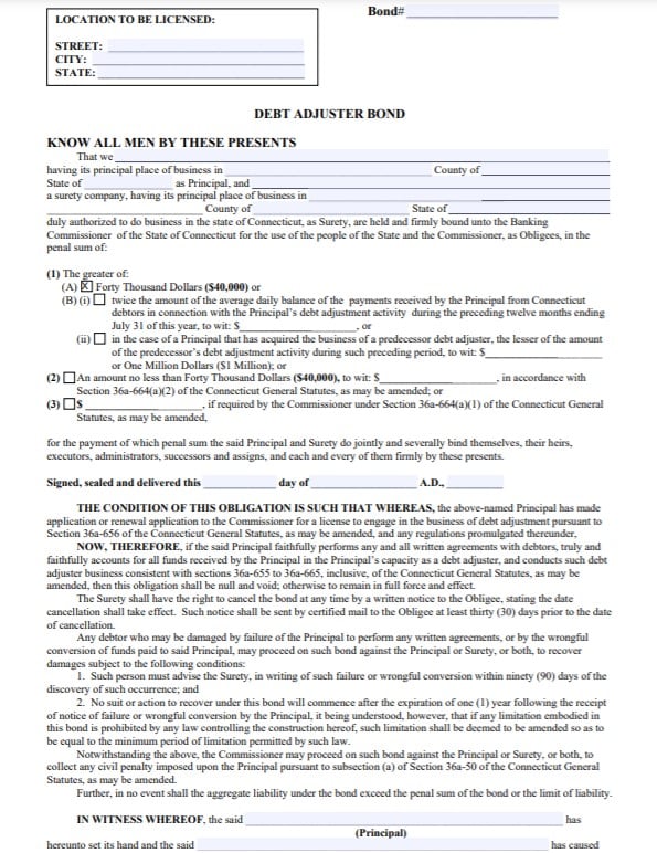  Connecticut Debt Adjuster Bond Form