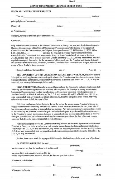 Connecticut Money Transmitter Bond Form