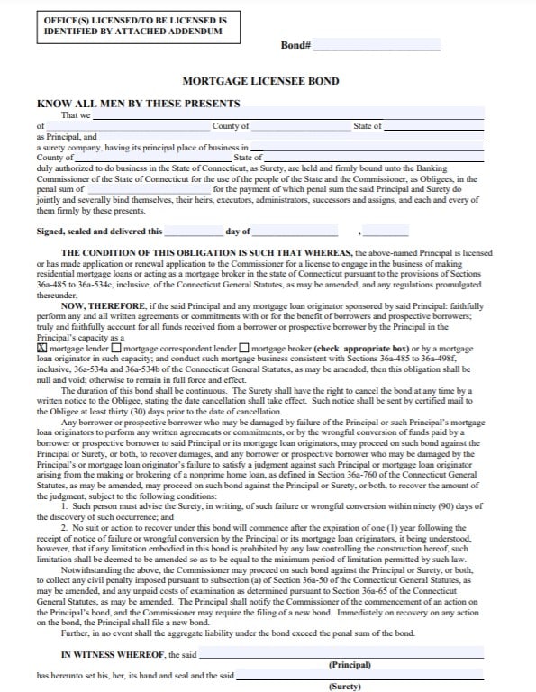 Connecticut Mortgage Lender Bond Form