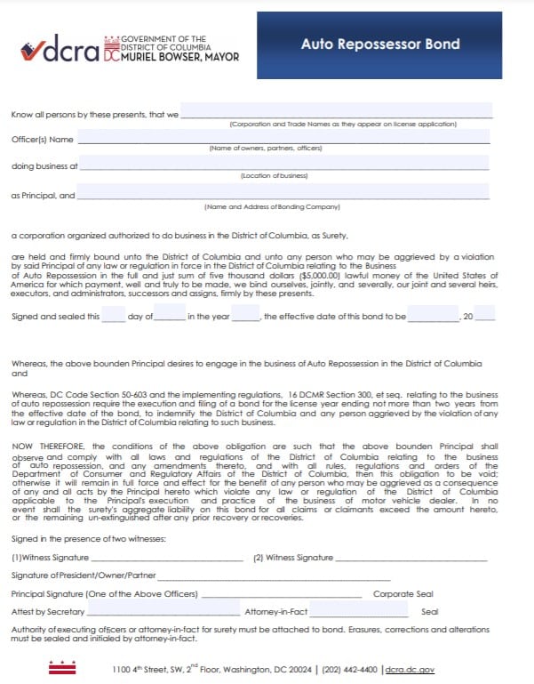 DC Automobile Repossessor Bond Form