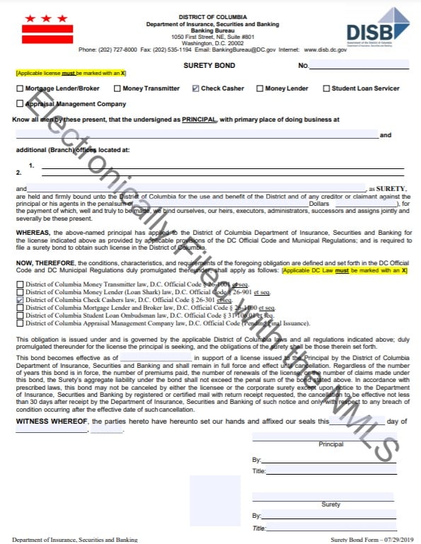 DC Check Casher Bond Form