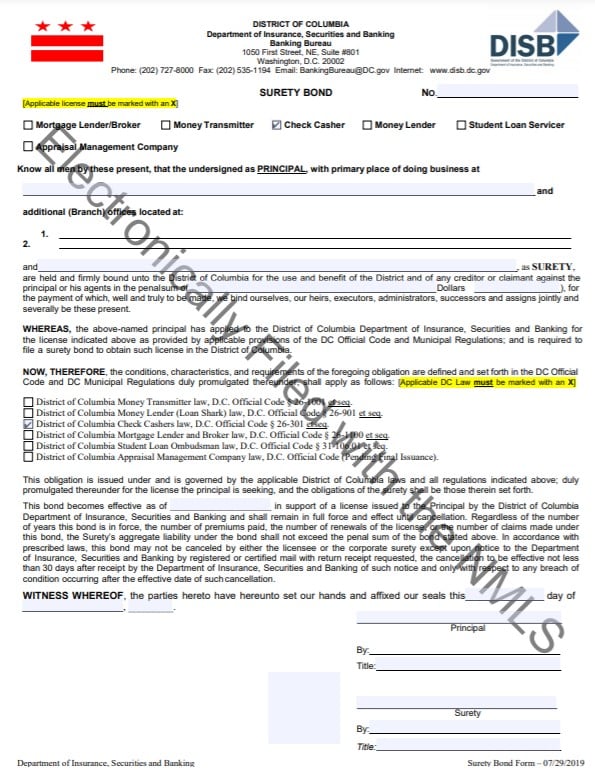  DC Check Casher Bond Form