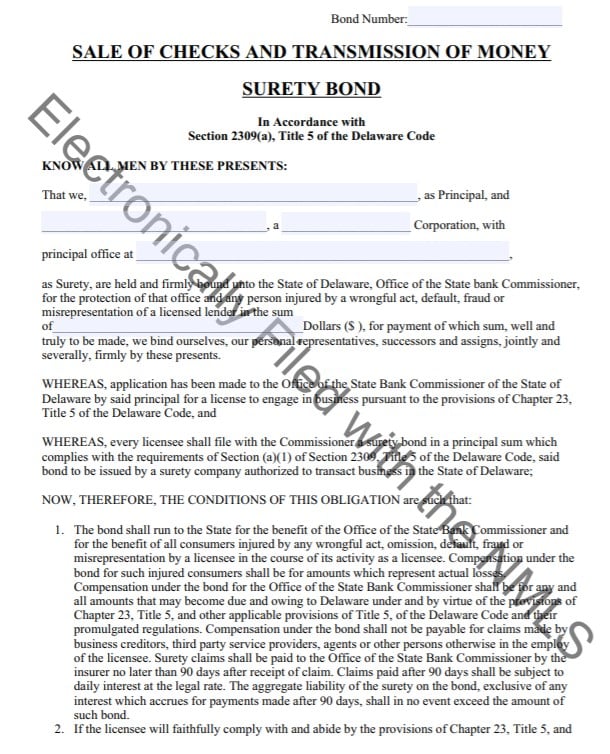 Delaware Check Seller and Money Transmitter Bond Form