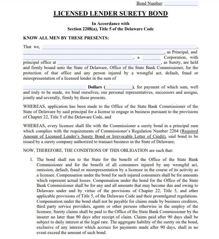 Delaware Mortgage Lender Bond Form