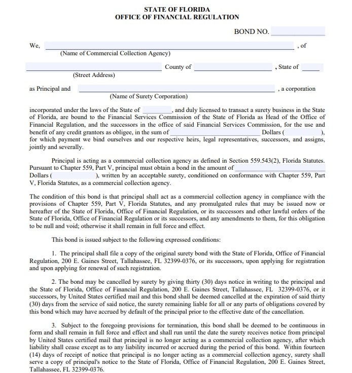 Florida Commercial Collection Agency Bond Form